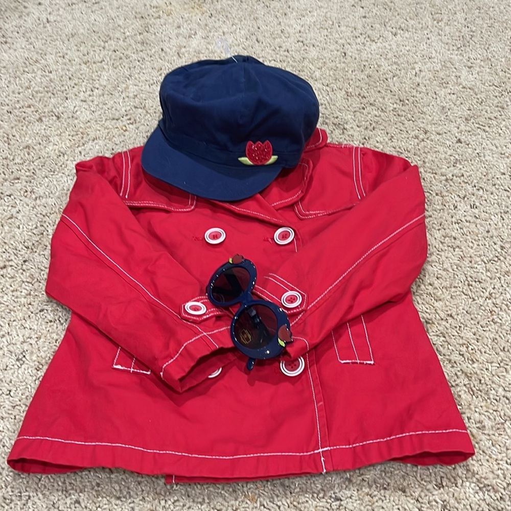 Gymboree Tulip collection red peacoat, navy newsboy hat and matching sunglasses